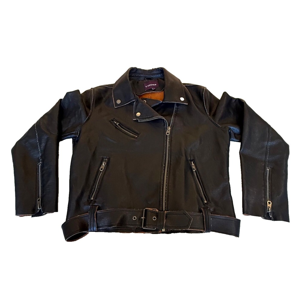 Vigoss ~ Vegan Leather Black Biker Moto Jacket Zippers/Belted; Ladies Size Large